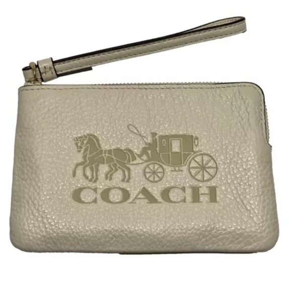 Coach Wristlet Corner Zip Horse Carriage Pebble Leather Chalk Brand New NWOT - Picture 1 of 15
